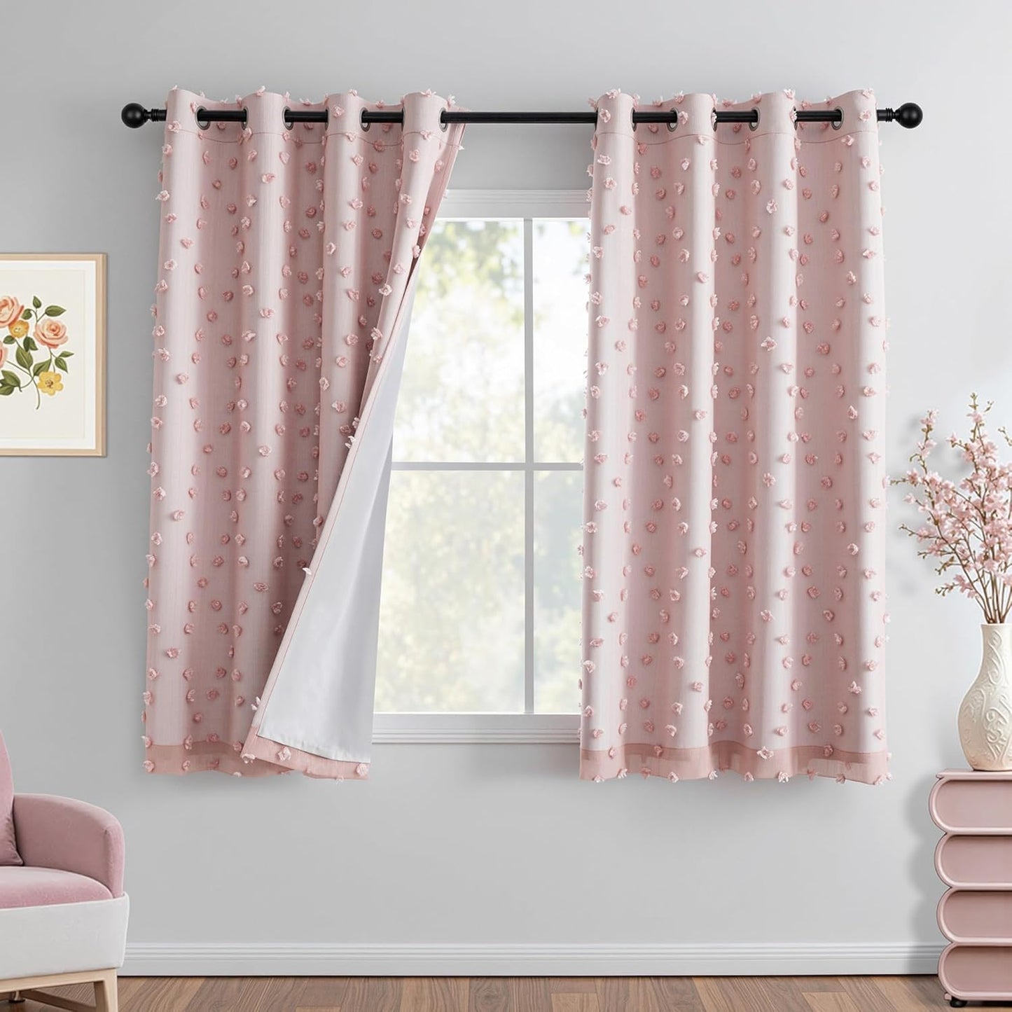 MYSKY HOME Blush Pink Pom Pom Blackout Curtains for Girls Bedroom 63 Inch Long 100% Room Darkening Curtain for Kids Room 2 Panels Small Window Treatment Grommet 2 Layered Drapes Toddler 52W x 63L