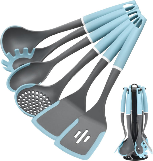 Kitchen Cooking Utensils Set, Non-Stick Spatula Set with Rotating Stand, 6 PCS Silicone Utensils Set for Cooking, 400°F Heat Resistant, Kitchen Gadgets with Nylon Handle & Stable Holder, Grey Blue