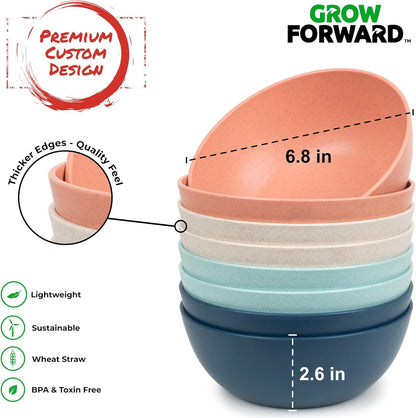 Grow Forward Premium Wheat Straw Bowls - 34oz Microwave Safe Plastic Cereal Bowls Set of 8 for Kitchen, Camping, RV, Dessert, Snack, Soup, Salad, Fruit - Reusable, Unbreakable & BPA Free - Tropical