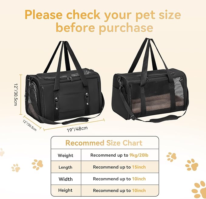 PETSFIT Cat Car Carrier for Medium Cats Dogs, 19"x12"x12" Small Dog Carrier, with Patent Safety Buckles and Escape-Proof Zipper - Safeguarding Car Travel, Vet Visit, Outdoor