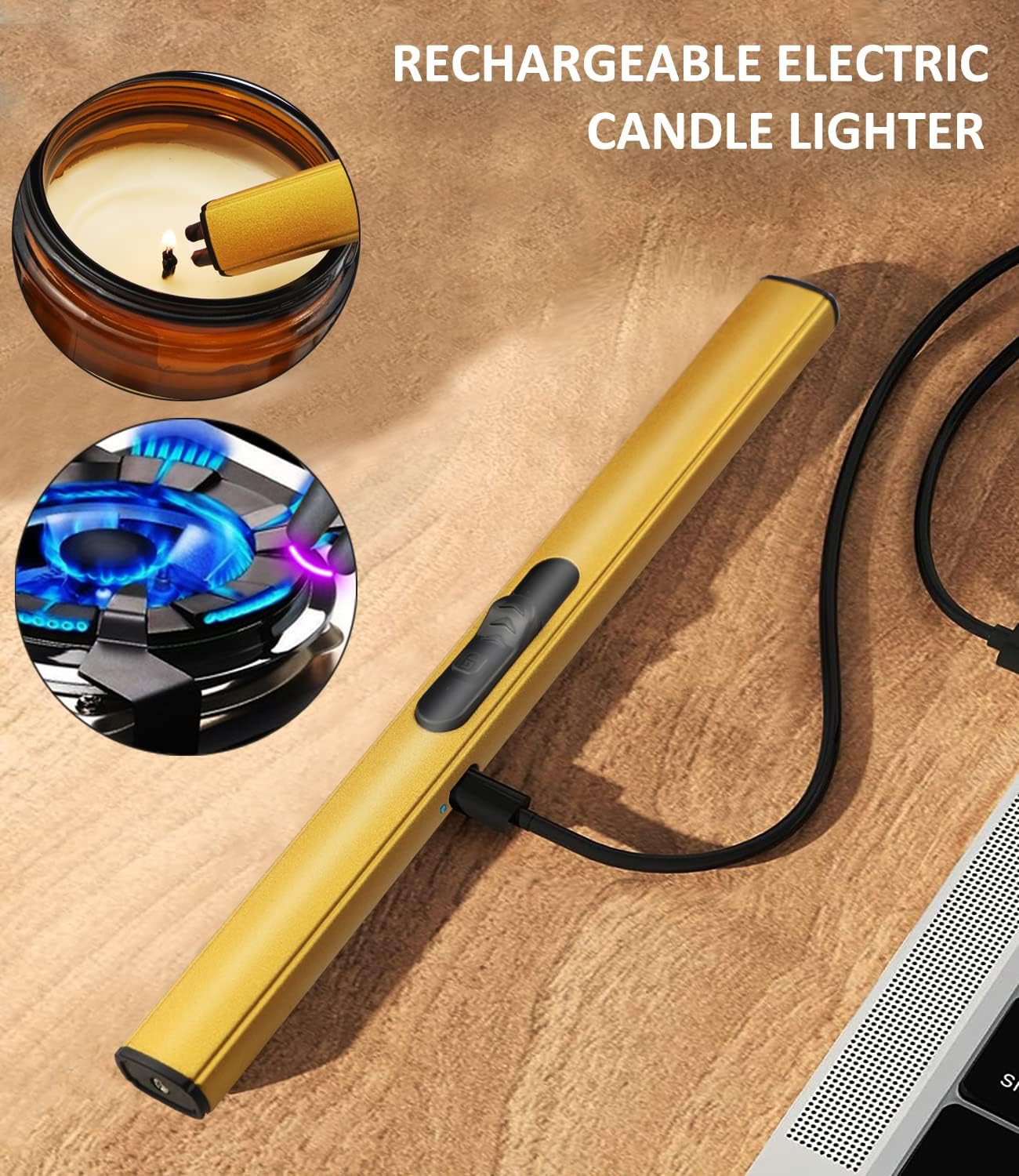 4 in 1 Candle Accessory Set, USB Rechargeable Lighter, Candle Wick Trimmer Cutter, Candle Snuffer & Candle Wick Dipper for Candle Aromatherapy Lover Gift, Stainless Steel Candle Care Kit (Golden)