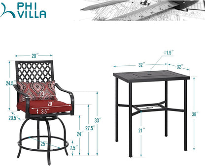 PHI VILLA 5 Piece Patio Bar Hight Dining Set for 4, Outdoor Bar Set with 4 Swivel Cushioned Bar Stools and 1 Square Metal Bar Table(1.9" Umbrella Hole) for Lawn Garden