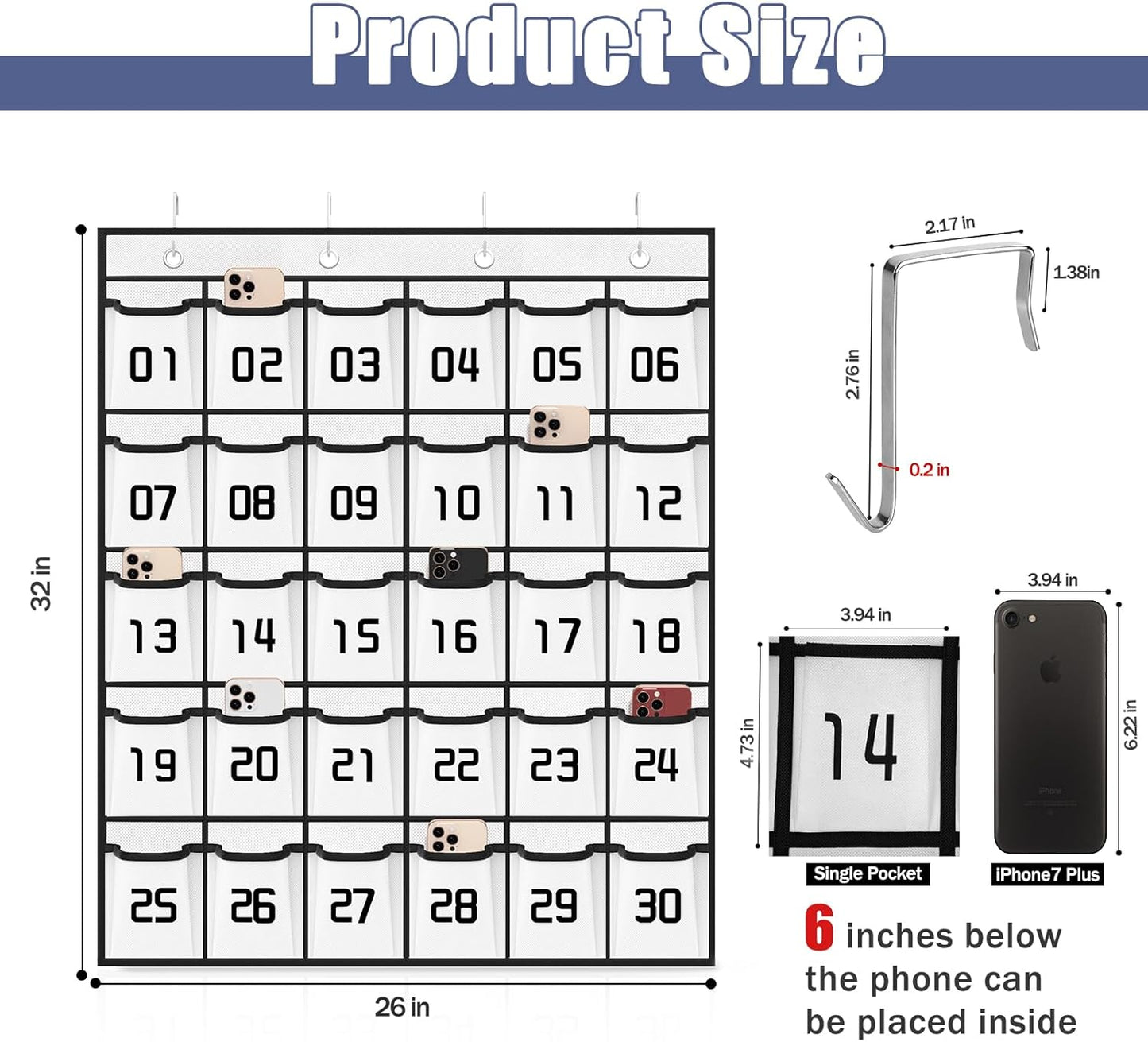 Loghot Classroom Accessories Closet Pocket Chart for Cell Phones Holder Wall Door Hanging Organizer (30 Pockets White)