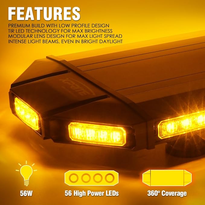 Xprite 27" Amber LED Emergency Rooftop Strobe Light Bar, Magnetic-Mounted Strobe Lights for Trucks, High-Intensity Warning Beacon for Tow, Construction, Snowplow, Patrol Vehicles