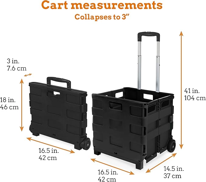 Inspired Living Collapsible Ultra-Slim Pack-N-Roll, 2 Wheel Utility Cart , With Telescopic Handle - Super Strong up to 80 Lbs Load Capacity, Black