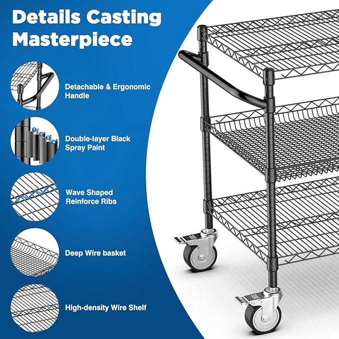 Leteuke 1120LBS Heavy Duty Rolling Utility Cart,3 Tier Rolling Carts with Wheels,NSF Commercial Grade with Handle Bar & Shelf Liners,45"x25"x39" Storage Cart for Kitchen,Restaurant,Plant Display,Black