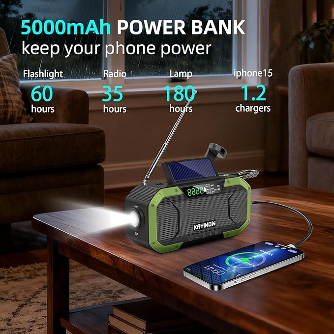 Hand Crank Emergency Radio,Portable AM FM NOAA Weather Radio,Solar Power,Battery Operated,USB Charging Flashlight,Cell Phone Charger,Waterproof,SOS for Camping,Power Outage,Survival Storm