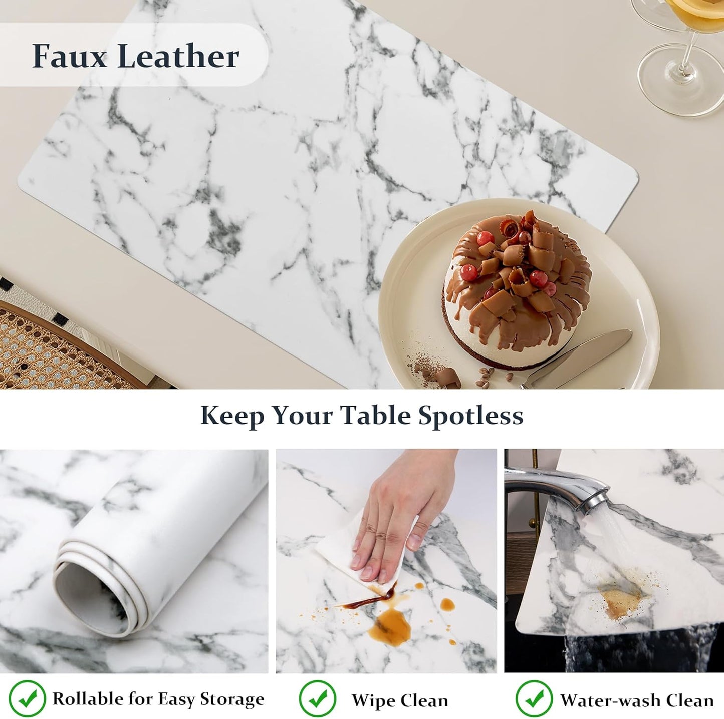 FROMHEART Faux Leather Placemats Set of 6–Waterproof,Heat/Oil Stain-Resistant PU Table Mat–Reversible,Easy to Clean Place Mats for Kitchen,Dining,Indoor/Outdoor,(Marble,11.8" x 17")