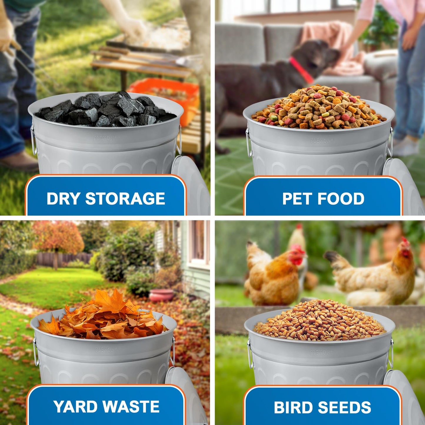 Plexon Round Trash Can 13 Gallon, Vintage Metal Outdoor Trash Can with Lid, Retro Farmhouse Garbage Container, Old School Modern Ash Bucket, Gray 3 Pack