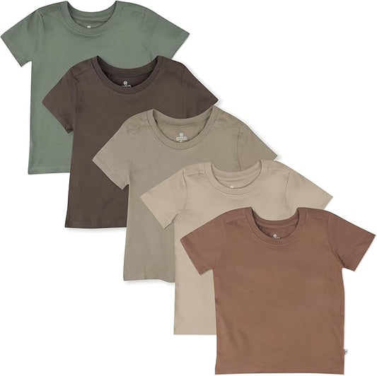 HonestBaby 5-Pack Short Sleeve T-Shirts 100% Organic Cotton Baby, Toddler, Little Kid, Boy, Girl, Unisex