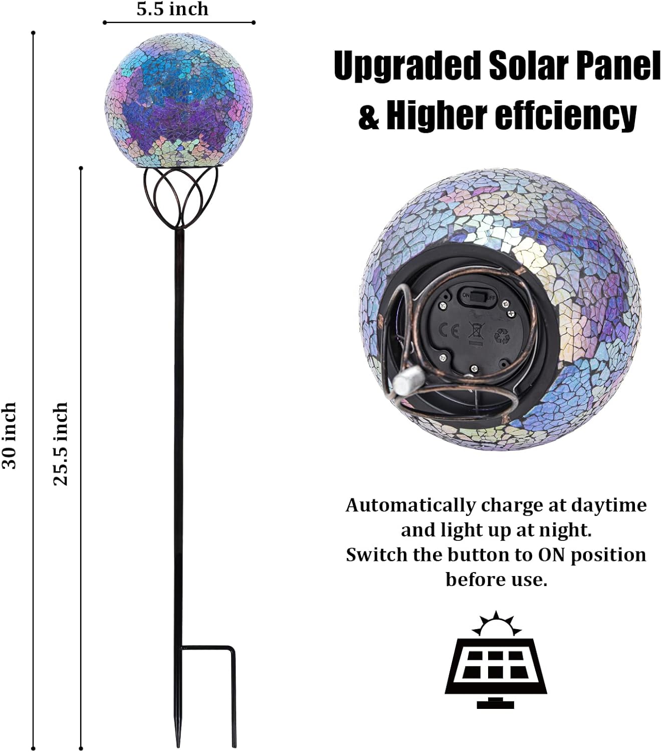 VCUTEKA Solar Lights Outdoor Garden Decor Mosaic Solar Garden Lights Waterproof Glass Ball LED Pathway Stake Light for Landscape Lawn Patio Yard Decoration Purple 6 inch