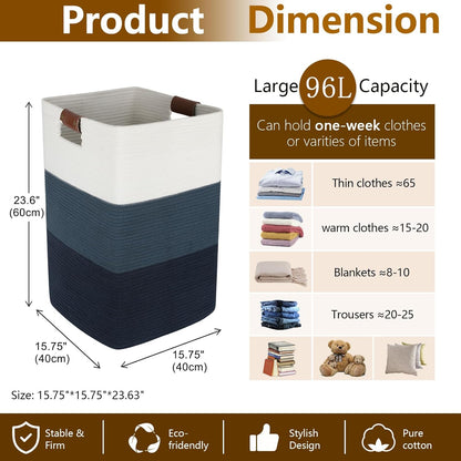 Laundry Hamper 96L Extra Large Laundry Basket, Woven Blanket Basket, Cotton Woven Storage Hamper with Handles for Living Room, Large Baskets for Pillows, Blankets, Clothes-Gradient Blue