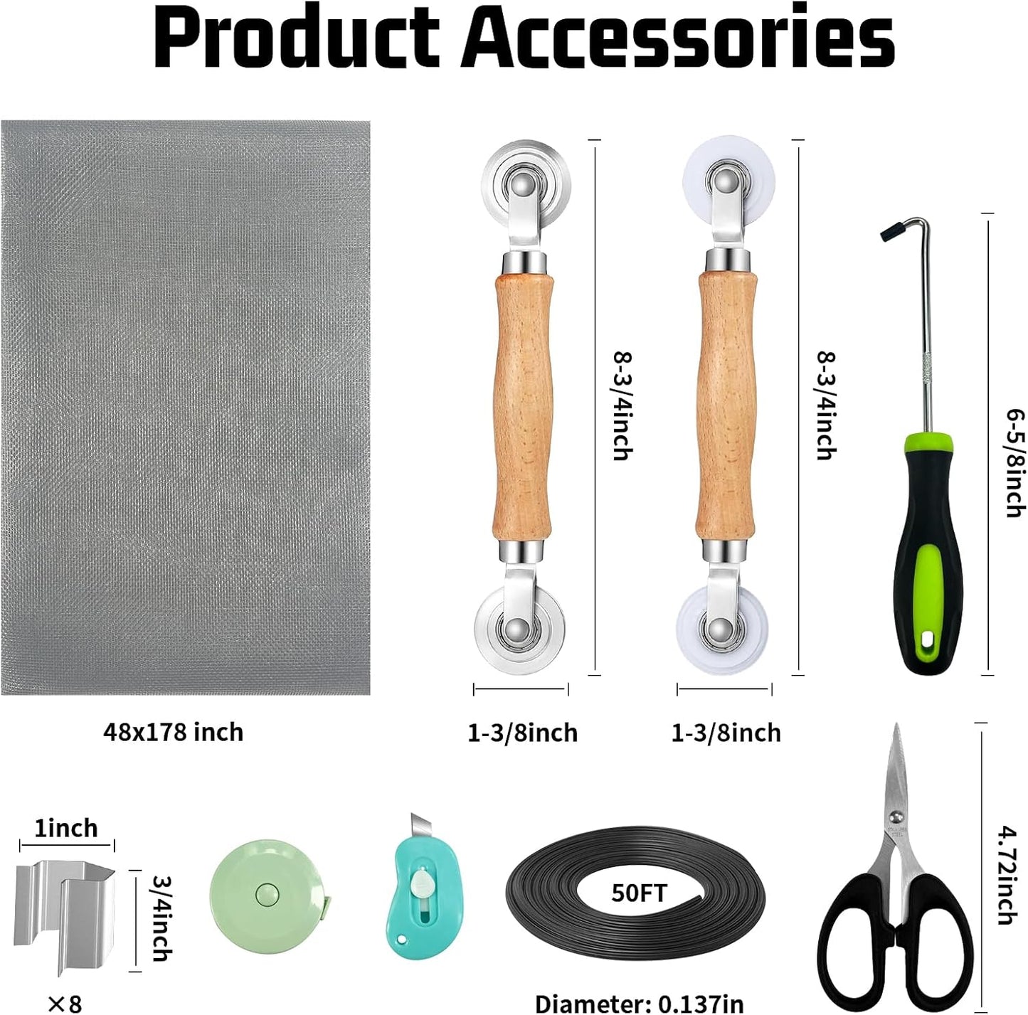 Window Screen Replacement,Screen Door Repair Kit, 48"x178" Grey Window Screen Mesh,Including 50 FT Splines+Hooks+2 Rollers+8 Clips+Scissors+Knife+Tape Measure,Fully Equipped Window Screen Repair Kit