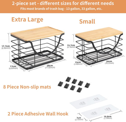 Extra Large Trash Bag Holder Under Sink 2 Pack Stackable Kitchen Storage with Bamboo Lid, Garbage Bag Dispenser Roll Holder, Pantry Organizers Wall Mounted Laundry Room Organization Storage
