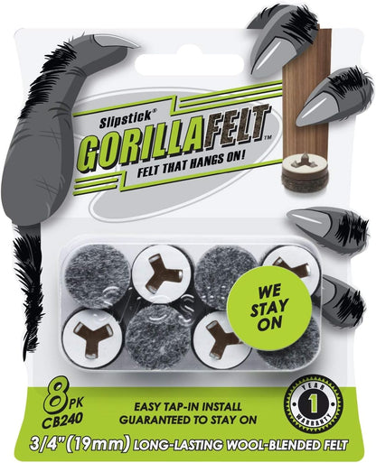 GorillaFelt CB240 Chair Leg Floor Protectors/Felt Glides (Set of 8) Tap On Felt Furniture Pads Guaranteed to Stay On, 3/4 Inch Round Sliders