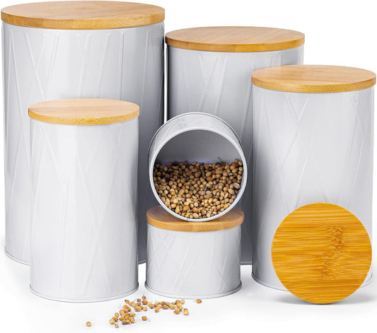 White Canister Sets for Kitchen Counter, Kitchen Canisters Set of 6, Flour and Sugar Containers, Coffee and Tea Storage, Modern Farmhouse Kitchen Decor