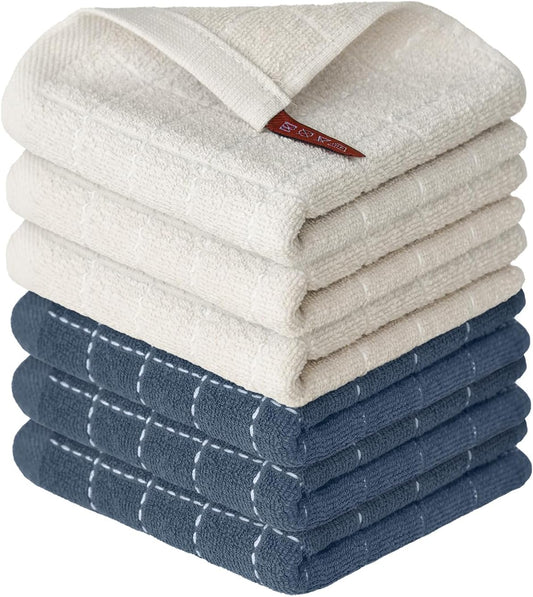 Artoid Mode Checkered Designed Cotton Beige Grey Terry Kitchen Dish Cloths, 12x12 Inch Soft Absorbent Quick Drying Cleaning Kitchen Rags Set of 6