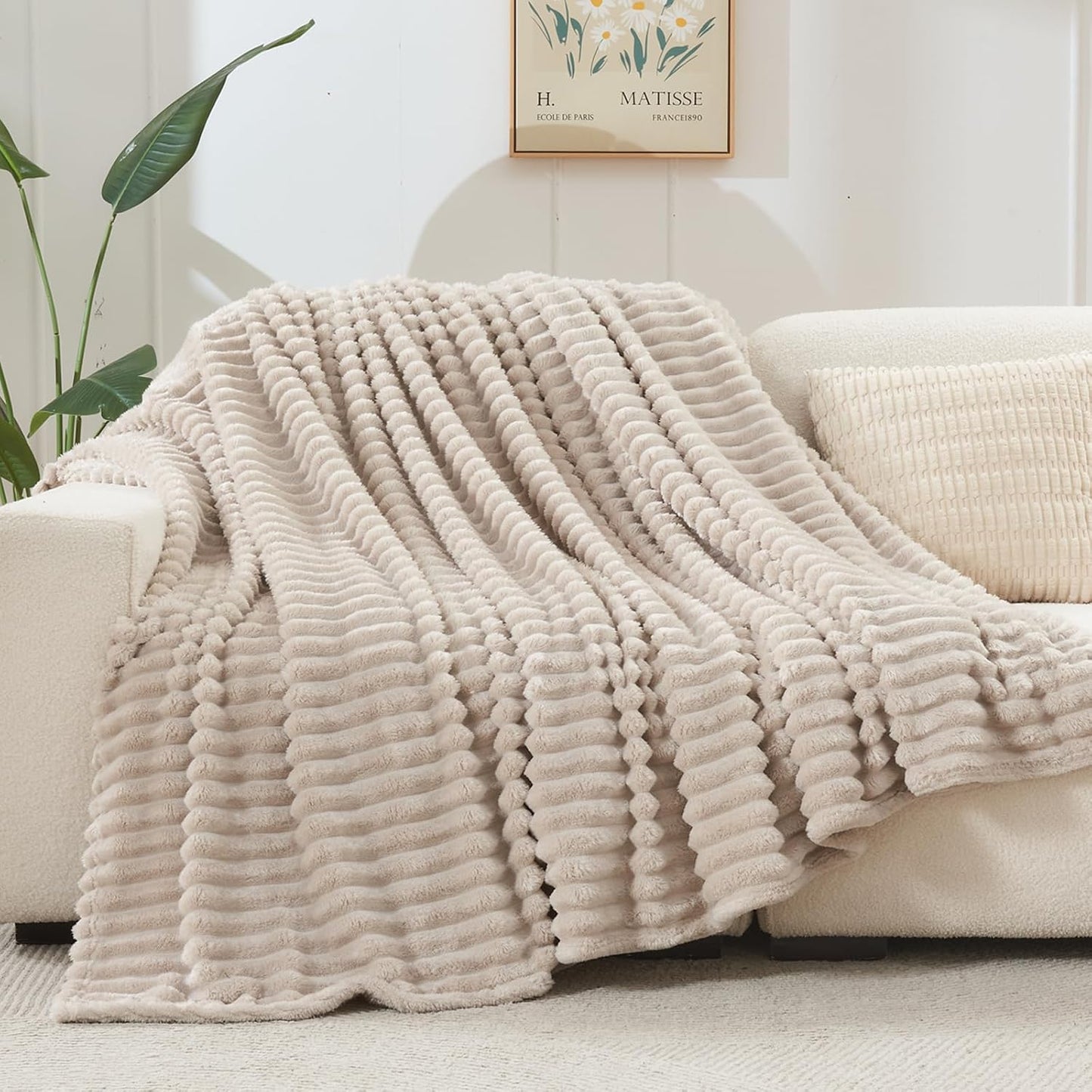 NEWCOSPLAY Super Soft Throw Blanket Linen Premium Silky Flannel Fleece 3D Ribbed Jacquard Lightweight Bed Blanket All Season Use (Linen Ribbed, Throw(50"x60"))