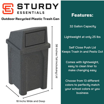 32 Gallon Square 100% Recycled Plastic Heavy Duty Commercial Outdoor or Indoor Trash Can with Push Lid - Great for Schools and Businesses - Dark Granite