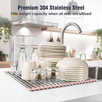 Tomorotec 21" x 15.5" Roll Up Dish Drying Rack Over Sink Drying Rack Sink Cover Kitchen Sink Accessories Gadget Multipurpose Organizer Foldable Stainless Steel Drainer