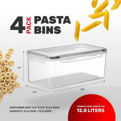 Large Airtight Food Storage Containers with Lids Set of 4 3.2L - 102 fl. oz Pasta storage Containers, BPA Free Plastic Spaghetti container - Air Tight Canisters for Kitchen Pantry Organization