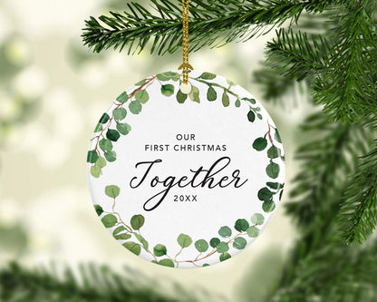 Andaz Press Custom Year Round Ceramic Porcelain Christmas Tree Ornament Keepsake Collectible Gift, Our First Christmas Together 2025, Farmhouse Eucalyptus Wreath, 1-Pack