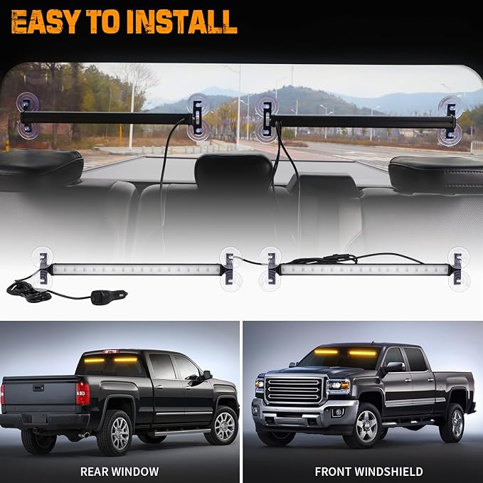 XRIDONSEN 2 in 1 Emergency Strobe Traffic Advisor Amber Light Bar 144 LED Warning Safety Interior Front Dash Windshield Rear Window Lights for Plow Trucks Construction Vehicles SUV (2X 17.7 inch)