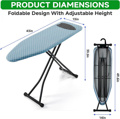 Compact Ironing Board 13 x 43, Iron Board with Heat Resistant Surface, Adjustable Height, Space Saving Table with Hook & Iron Rest for Home & Laundry Room, Diagonal Checkered Blue
