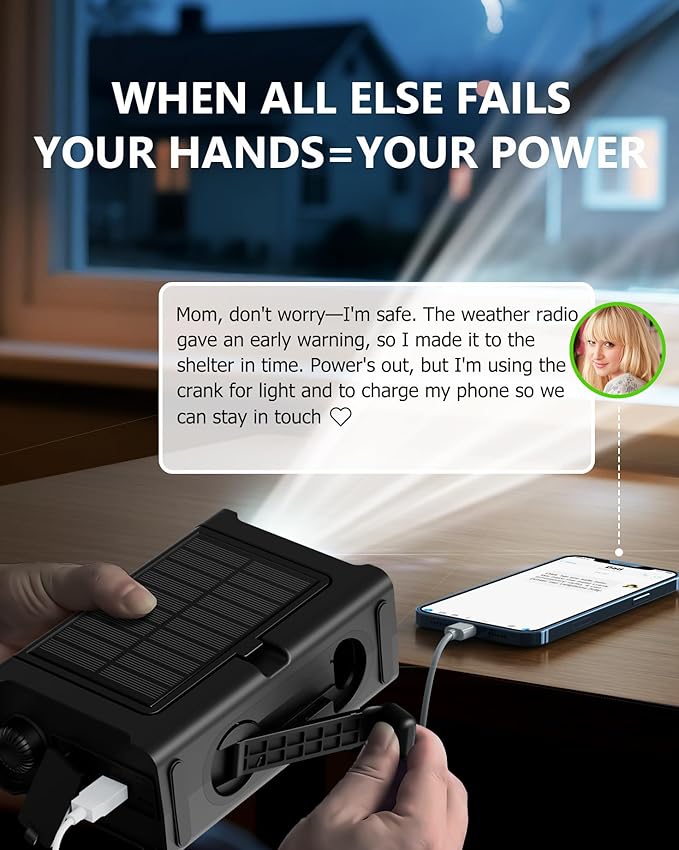 Emergency Weather Radio with Large Solar Panel, Efficient Hand Crank & Real 12000mAh Battery | AM/FM/NOAA Bands, LED Flashlight, Reading Lamp, SOS Alarm & Phone Charger for Outdoor & Emergency