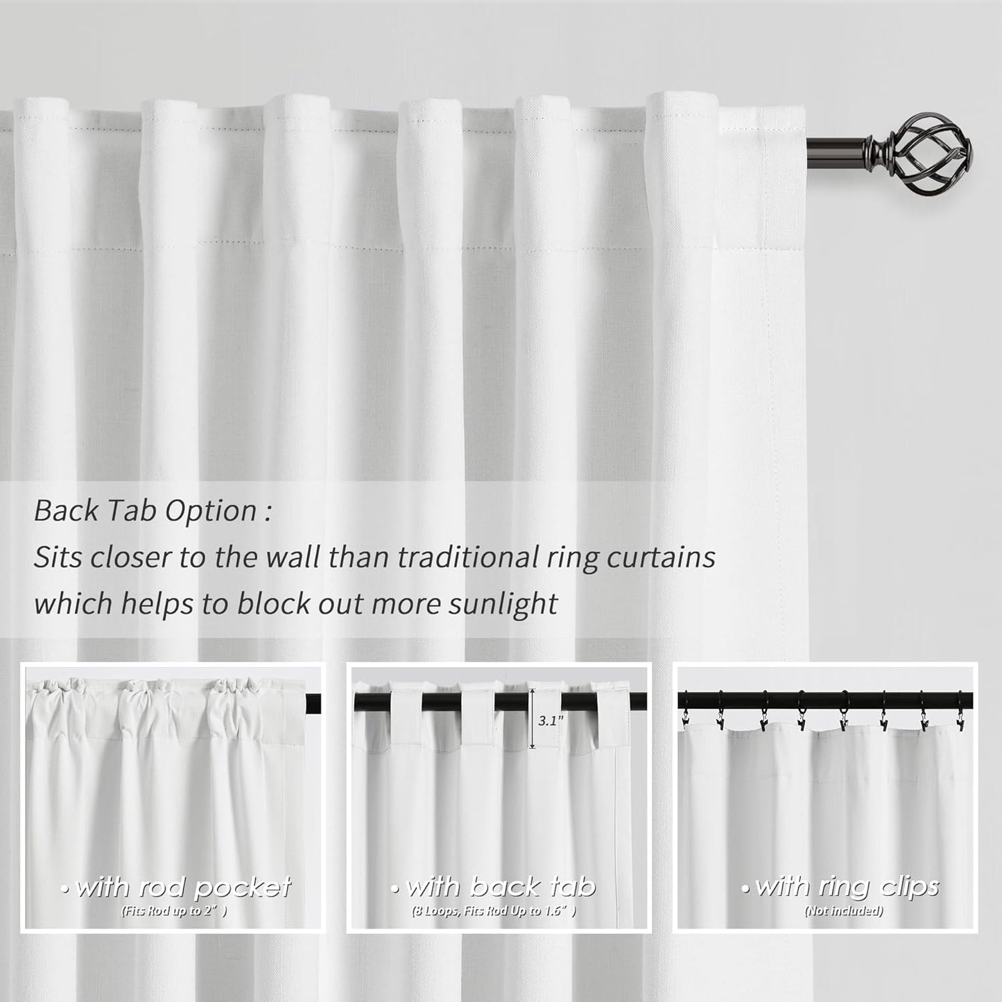 White Linen Textured Bedroom Curtains Back Tab 100% Blackout 102 Inch Room Darkening Curtains Thermal Insulated Heat Blocking Noise Reducing Drapes for Living Dining Room Modern Cottage Home Decor