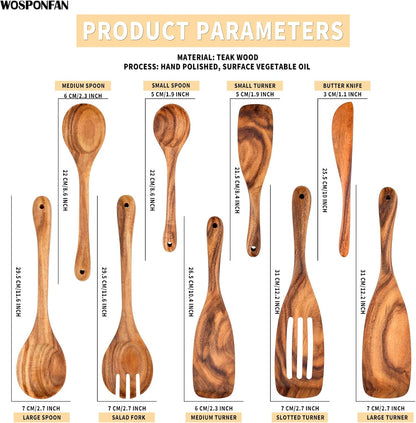 Wooden Cooking Utensils Set, 9 PCS Teak Wood Spoons, Spatula, Slotted Spoon, Handmade Modern Kitchen Utensils