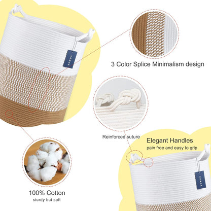 COMSE Extra Large Blanket Basket, Tall Woven Storage Basket, Nursery Hamper, 15.7”x 21.7”, Cotton Rope Laundry Hamper for Toys Clothes Towels, White/Camel