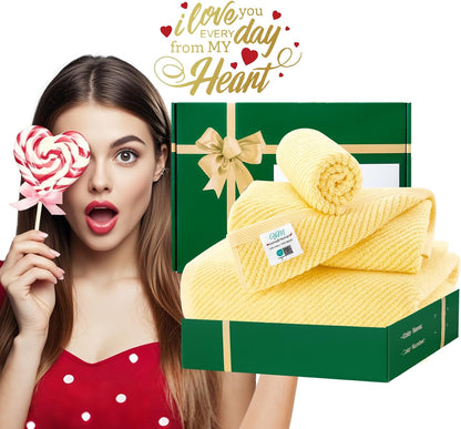 Yellow Towels for Bathroom - 100% Cotton | Quick Dry | Soft | Thick | Large, 3 Piece Towel Set, 1 Large Bath 30" x 56", 1 Hand 18" x 28", 1 Wash Cloth 13" x 13", Bathroom Essentials, Lemon Glow