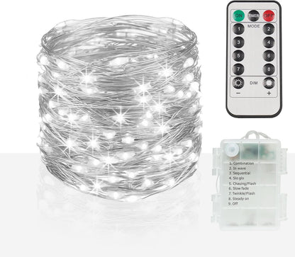 suddus 66ft 200 LED Outdoor String Lights, White Fairy Lights Battery Operated with Remote, Led Twinkle Lights for Bedroom, Wreath, Patio, Tapestry, Backyard, Garden, Christmas, Party, Indoor