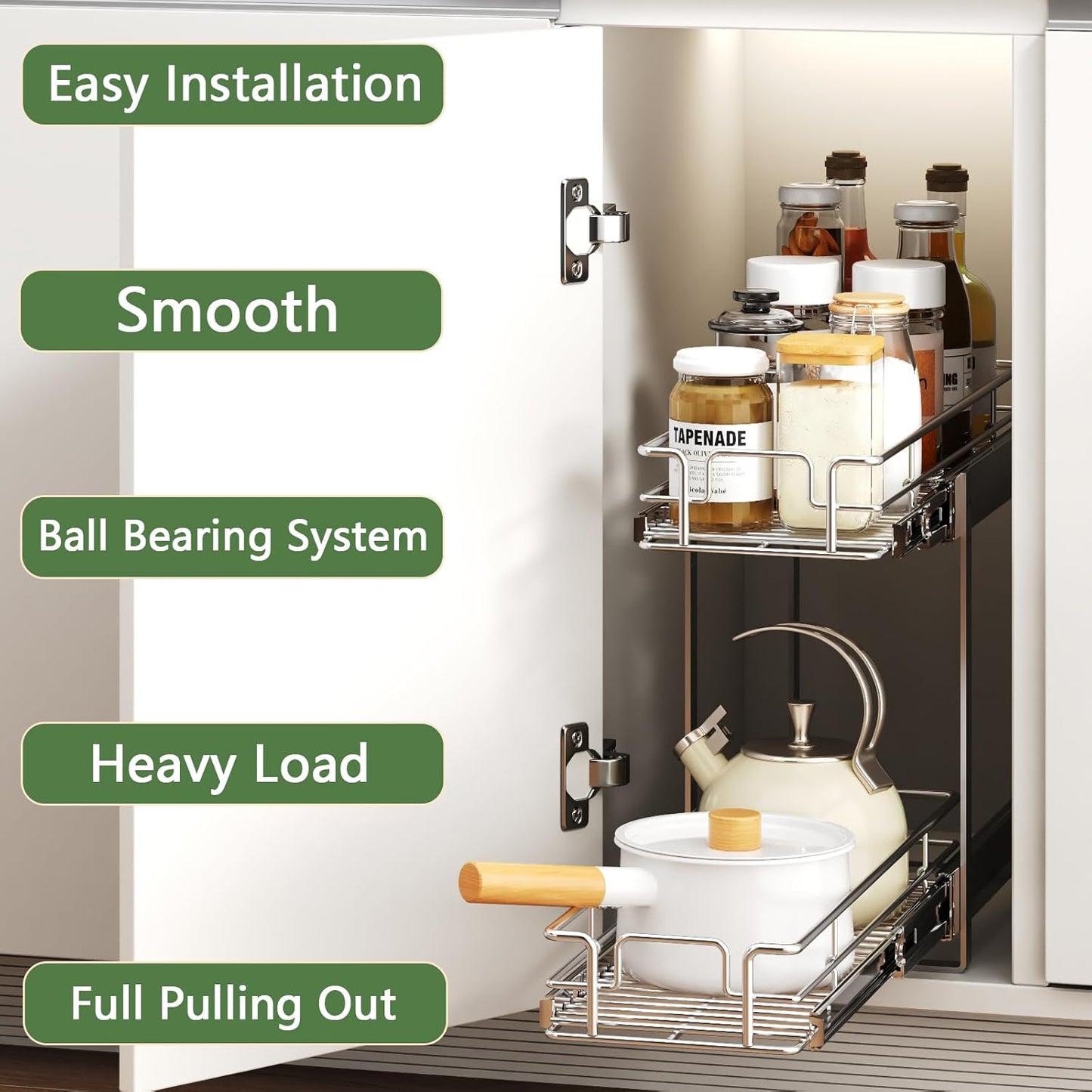 2 Tier Individual Pull Out Cabinet Organizer 7½" W x 21½" D, Heavy Duty Cabinet Pull Out Shelves, Slide Out Drawers Organization for Kitchen Cabinets Bathroom
