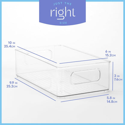 Plastic Food Storage Clear Container Bin with Handles for Organizing Kitchen, Pantry, Refrigerator, Freezer, Pantry, Cabinet, Closet, Bathroom. Stackable 10”x6”x3”