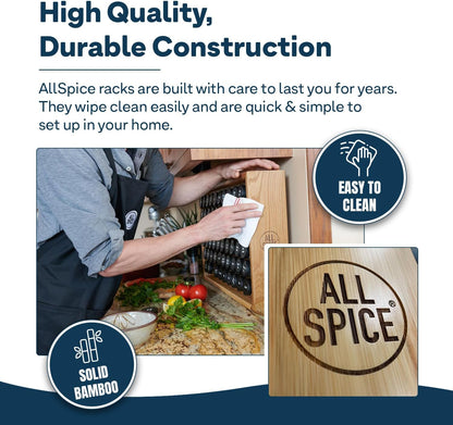 AllSpice Spice Rack Organizer, Wood, 525 Unique Labels, Countertop or Wall Mount, Includes 30 4oz Jars- Bamboo