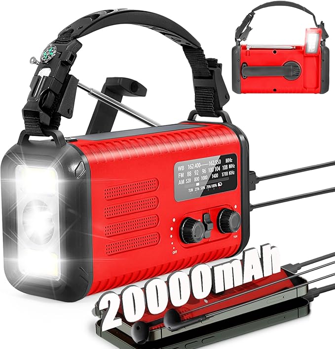 20000mAh / 74000mWh Emergency Radio, Solar Hand Crank Radio AM/FM/NOAA Weather Radio, Battery Powered with Cell Phone Charger, SOS Alarm, Flashlight & Reading Lamp (Red)