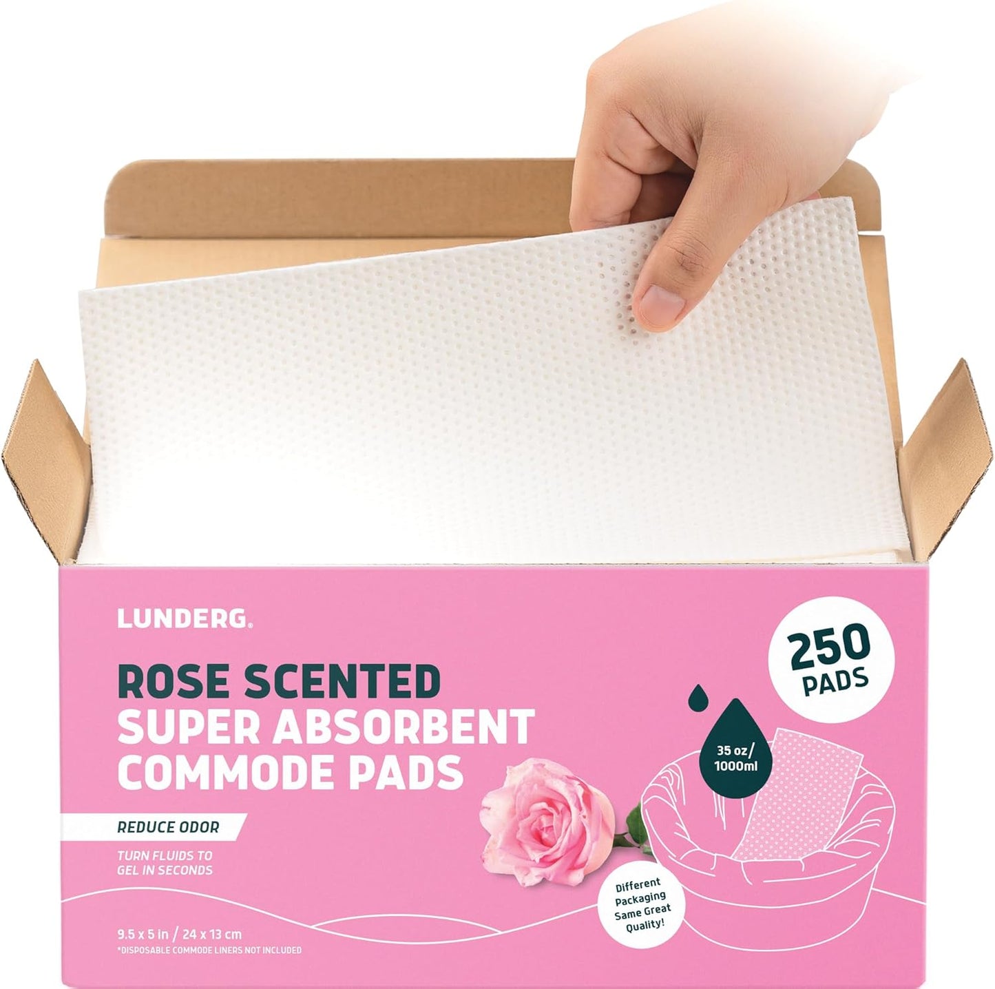 Lunderg Rose Scented Super Absorbent Commode Pads - Medical Grade Value Pack 250 Count - for Disposable Bedside Commode Liners, Adult Chairs, Portable Buckets & Camping Toilet Bags - Light Scent
