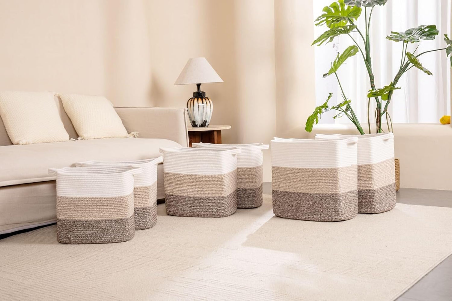 Tall Storage Bins for Clothes Fabric Cotton Rope Storage Baskets with Handles, Decorative Woven Basket for Living Room,Closet Organizer Blankets, and 2bags (Gradient Brown, L16×W11.4×H15.9)