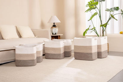 Tall Storage Bins for Clothes Fabric Cotton Rope Storage Baskets with Handles, Decorative Woven Basket for Living Room,Closet Organizer Blankets, and 2bags (Gradient Brown, L16×W11.4×H15.9)