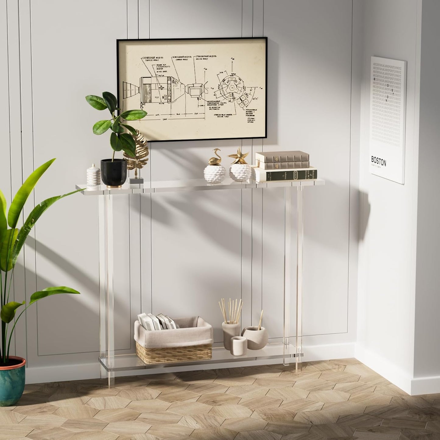 Sleek Modern 2-Tier Acrylic Console Table, 39.4" L x 7.6" W x 31.5" H - Entryway Table for Hallway, Living Room, Sofa Side, Small Spaces (Clear)