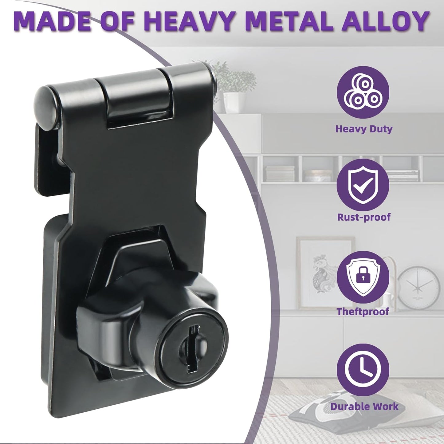 Alise Keyed Hasp Lock,2.5 Inch Safety Packlock Clasp Hasp Lock Latch with Lock, Black Door Hinge Lock with Keys Keyed Locking Hasp for Cabinets Closets Doors