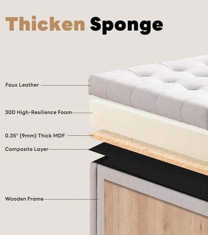 Tbfit Large Square Storage Ottoman Bench, Botton Tufted Upholstered Coffee Table with Wooden Legs, Oversized Storage Ottomans Toy Box Footrest for Living Room, Apartment, Beige