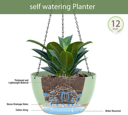 12 Inch Hanging Baskets 2 PC with Chains, Self-Watering Hanging Planters for Indoor Outdoor Plants, Plastic Hanging Flower Pots,Green Brown
