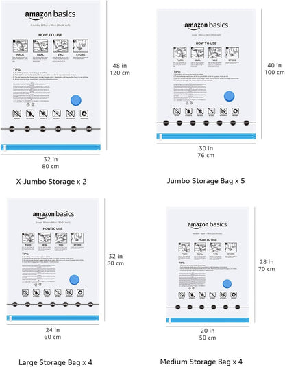 Amazon Basics Vacuum Compression Space Saving Storage Bags with Hand Pump for Clothes Packing, Pack of 15, Multiple Sizes, White