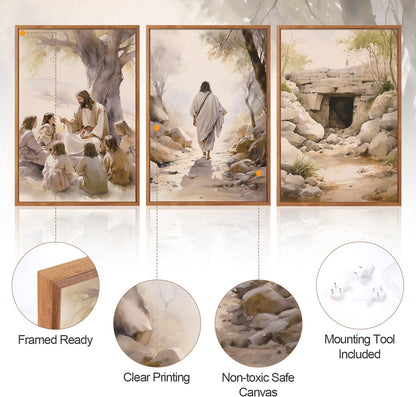 Aurlan Jesus Teaching Children Jesus on Path Framed Empty Tomb Bible Stories Wall Art(16"x24"), 3PCS Boho Christian Easter Scripture Gifts Canvas Artwork, Large Spiritual Religious Faith Decor Prints for Office Home