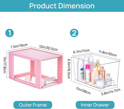 Vtopmart 4 Pack Large Stackable Storage Drawers,Pink,Easily Assemble Acrylic Bathroom Closet Undersink Organizers and Storage,Plastic Bins for Kitchen Cabinets,Pantry,Makeup,Medicine Organization