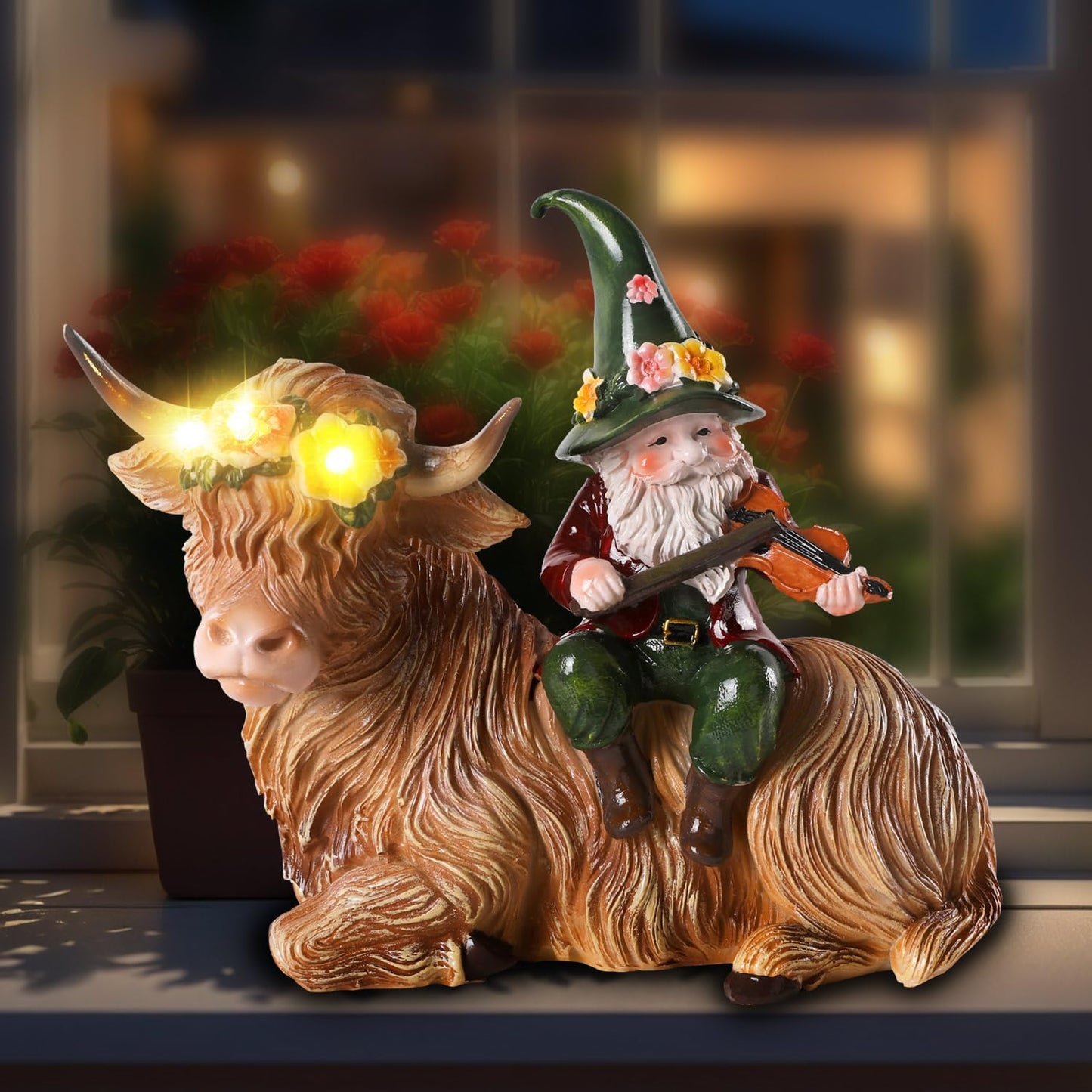 Solar Highland Cow Figurines for Garden with Gnome Playing The Violin 6.7" Resin Garden Gnomes Outdoor Patio Yard Lawn Porch Decor Birthday Housewarming Gifts for Women Mom Grandma Wife Sister Friend