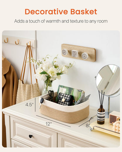 Small Woven Basket, 12 x 8 x 4.5 Inches, Storage Basket for Organizing, Cute Small Rope Shelf Closet Cube Storage Bins Baskets for Shelves, Dog Toy Gift Baskets Empty, 3 Pack White & Brown